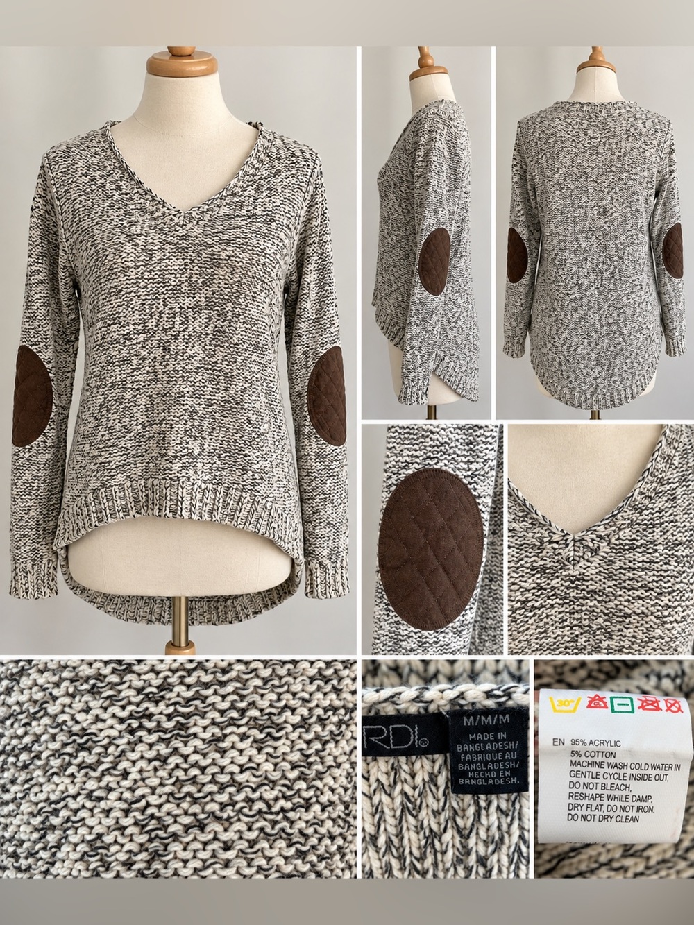 RDI Marled Knit High Low Sweater Brown Elbow Patches Medium